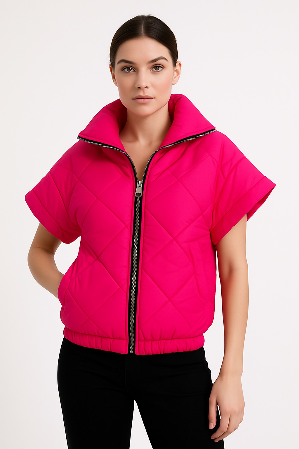 Fusia Pink Quilted Short Sleeve Jacket