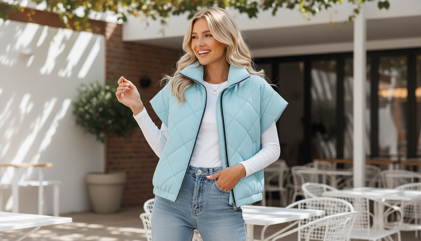 Sky blue quilted short-sleeve jacket