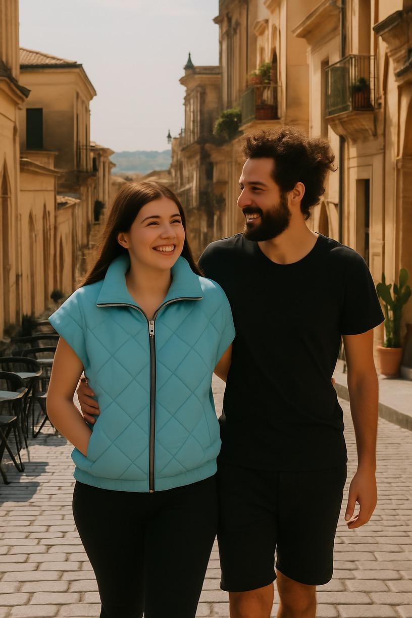 Sky blue quilted short-sleeve jacket