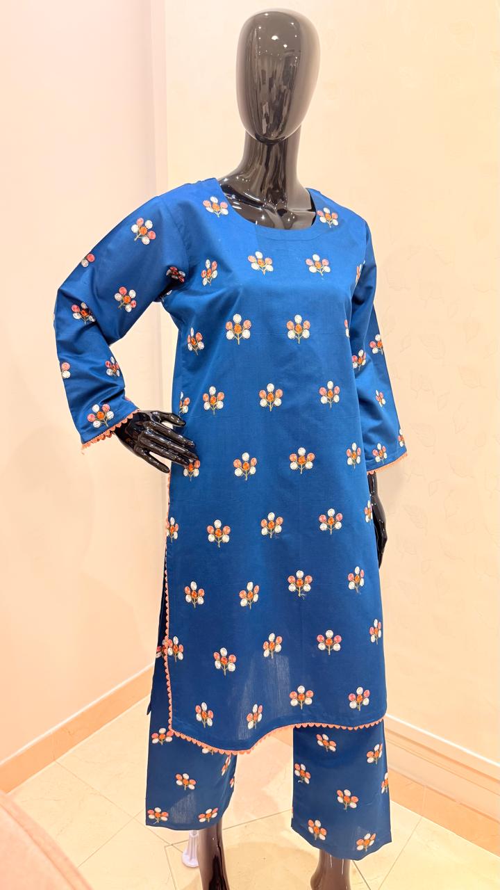 Blue Floral Embroidered Kurta Set