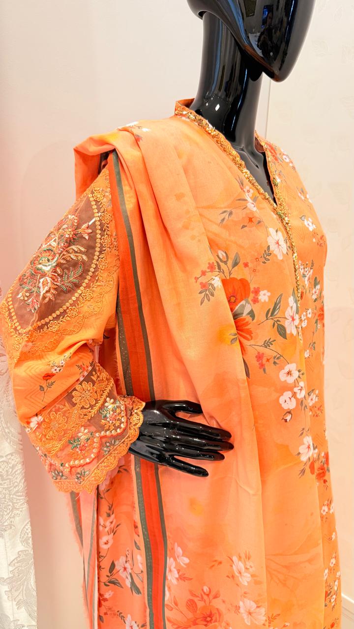 Floral Embroidered Orange Chiffon Dress