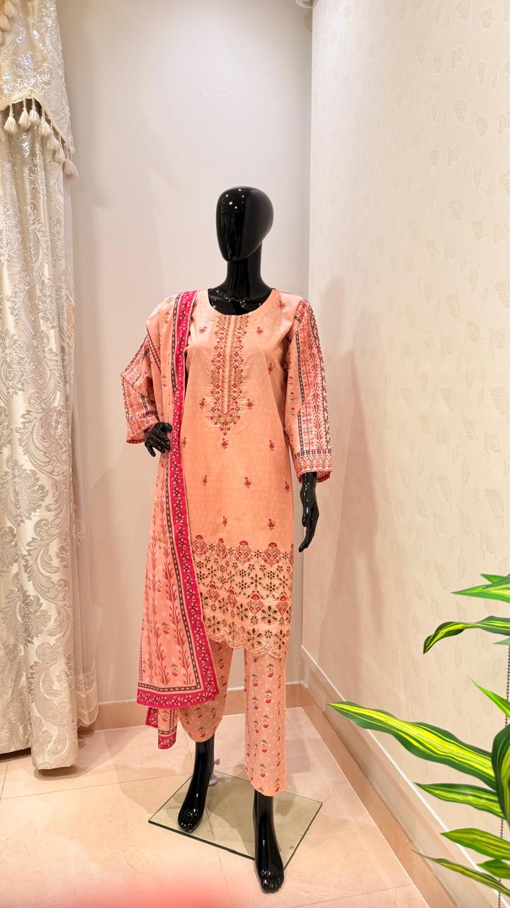 Peach Embroidered Cotton Suit