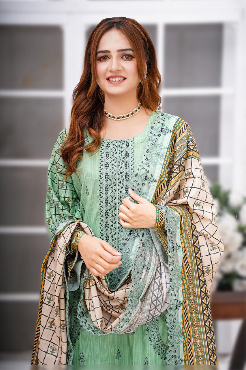 Embroidered Green Lawn Suit