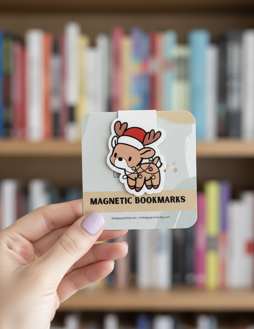 Holiday Reindeer Magnetic Bookmark – Cute Reindeer with Lights, Christmas Gift for Readers, Bookish Stocking Stuffer