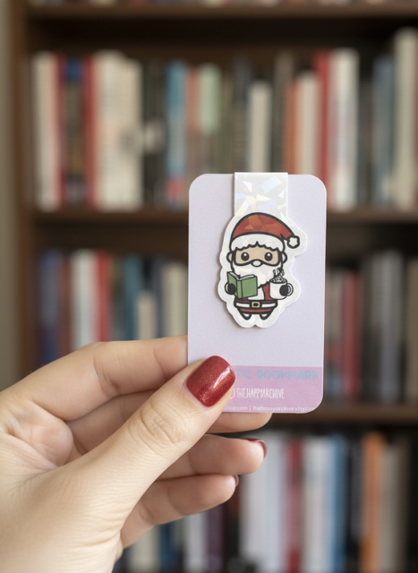 Holographic Santa Reading Bookmark | Hot Cocoa Magnetic Bookmark | Christmas Gift for Book Lovers