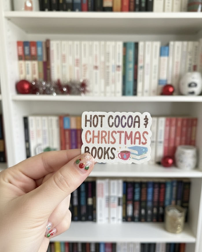 Hot Cocoa & Christmas Books Sticker | Cozy Holiday Book Lover Sticker | Cute Winter Reading Gift | Stocking Stuffer