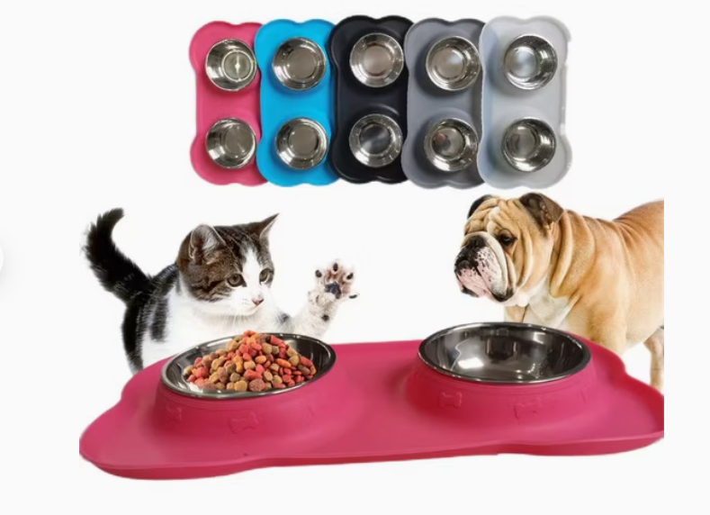 Double Pet Feeding Bowl with Silicone Mat