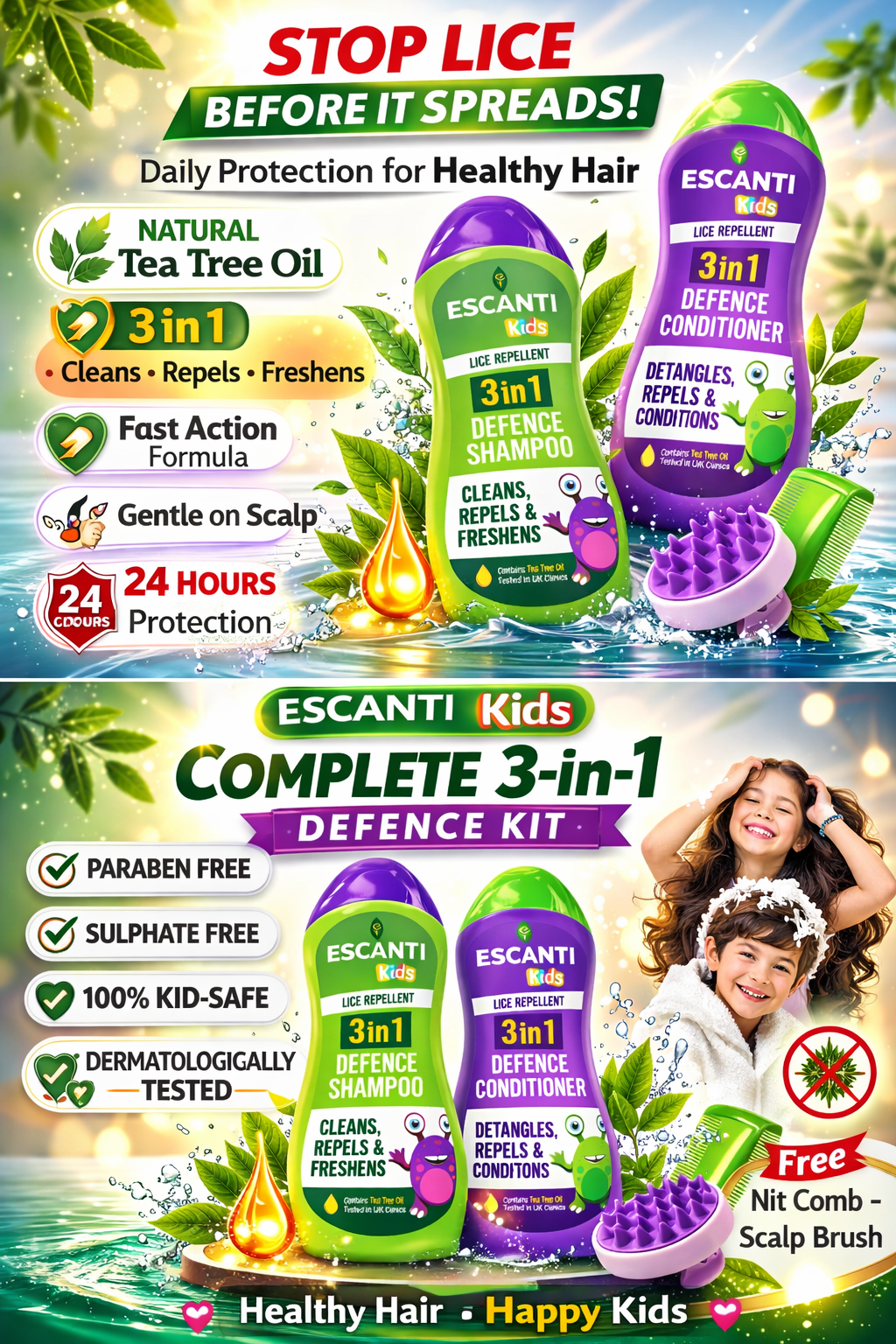ESCANTI Kids 3-in-1 Lice Repellent Defence Kit – Shampoo, Conditioner & Tools