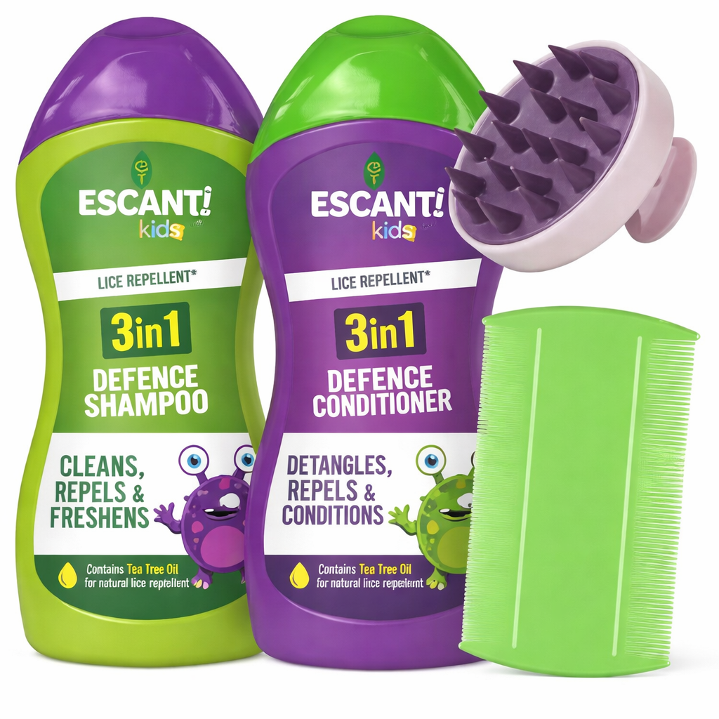 ESCANTI Kids 3-in-1 Lice Repellent Defence Kit – Shampoo, Conditioner & Tools
