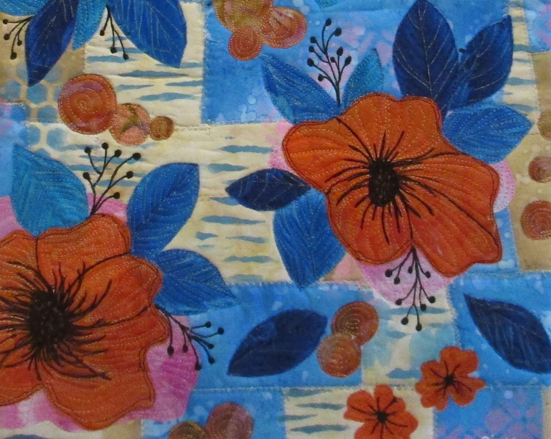 Quilted Floral Fiber Art Wall Hanging