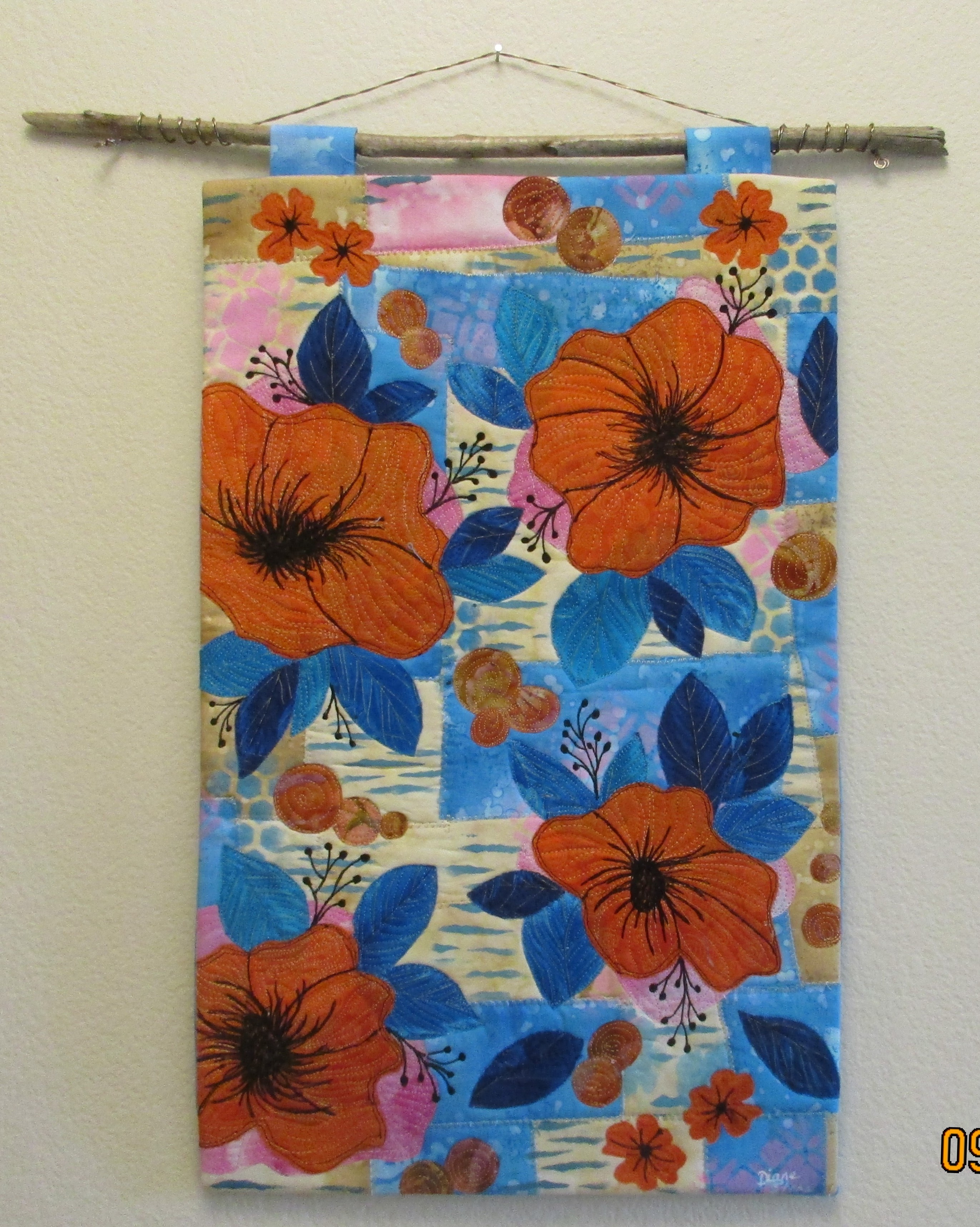 Quilted Floral Fiber Art Wall Hanging