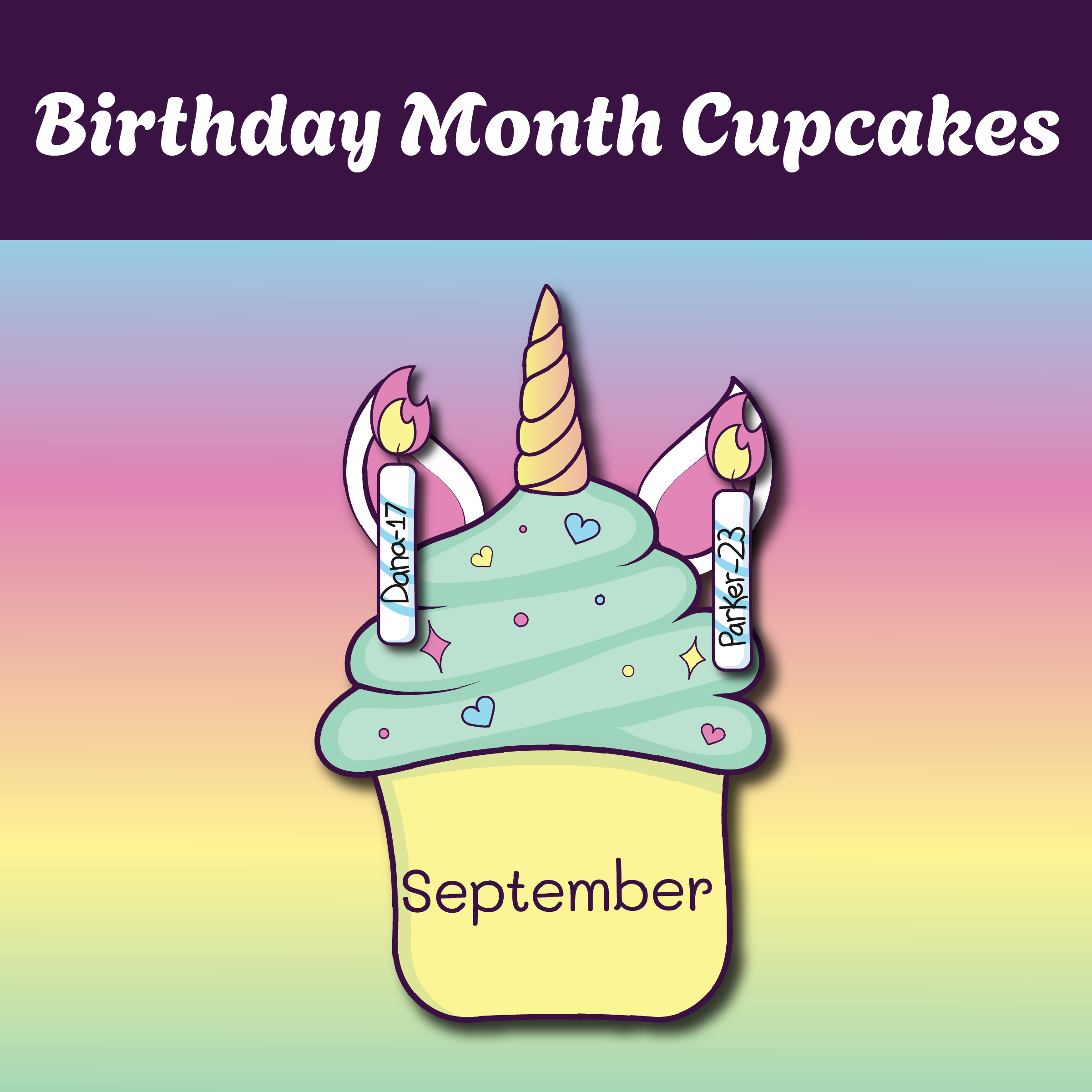 Unicorn Classroom Birthday Cupcakes Monthly Birthday Set for Kids