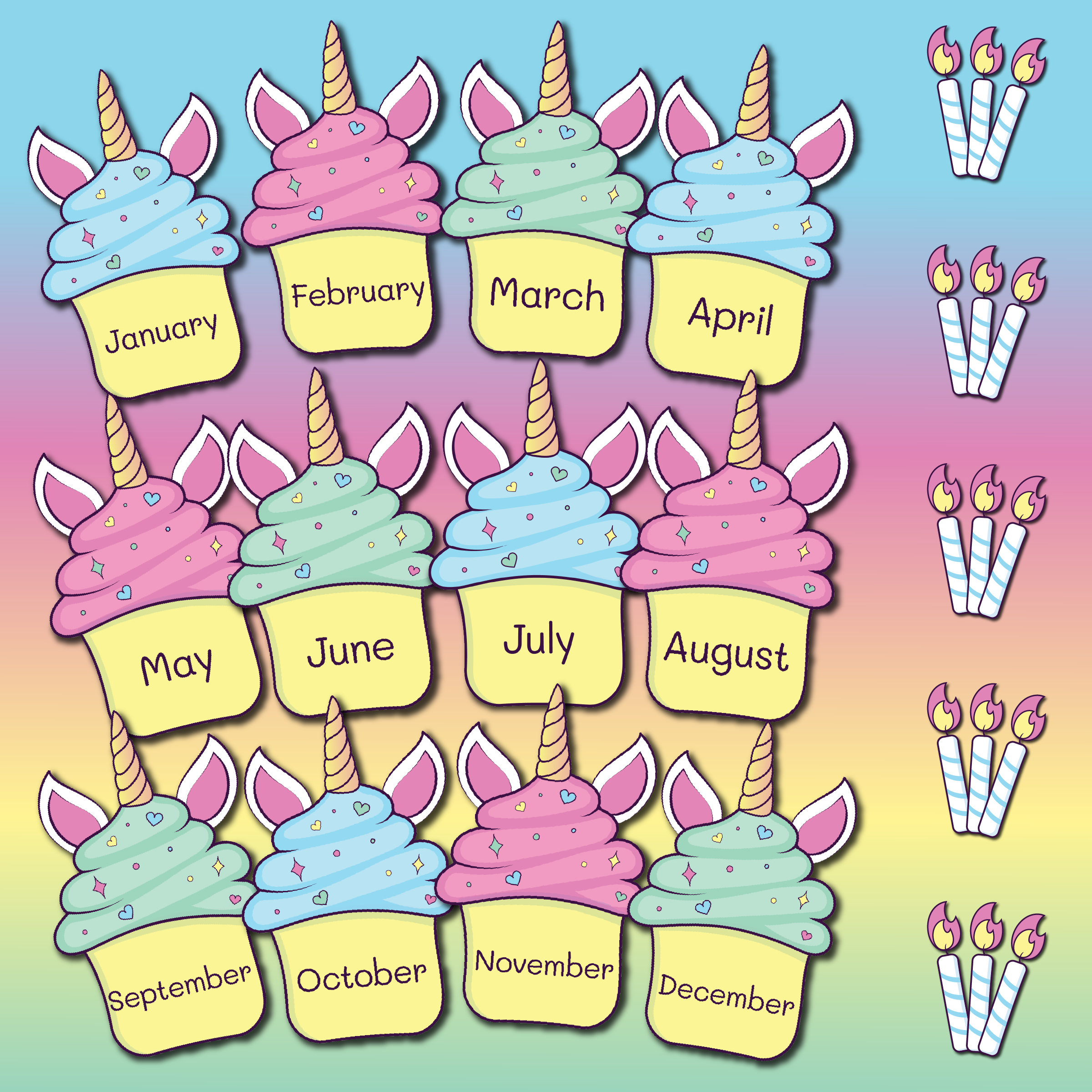 Unicorn Classroom Birthday Cupcakes Monthly Birthday Set for Kids