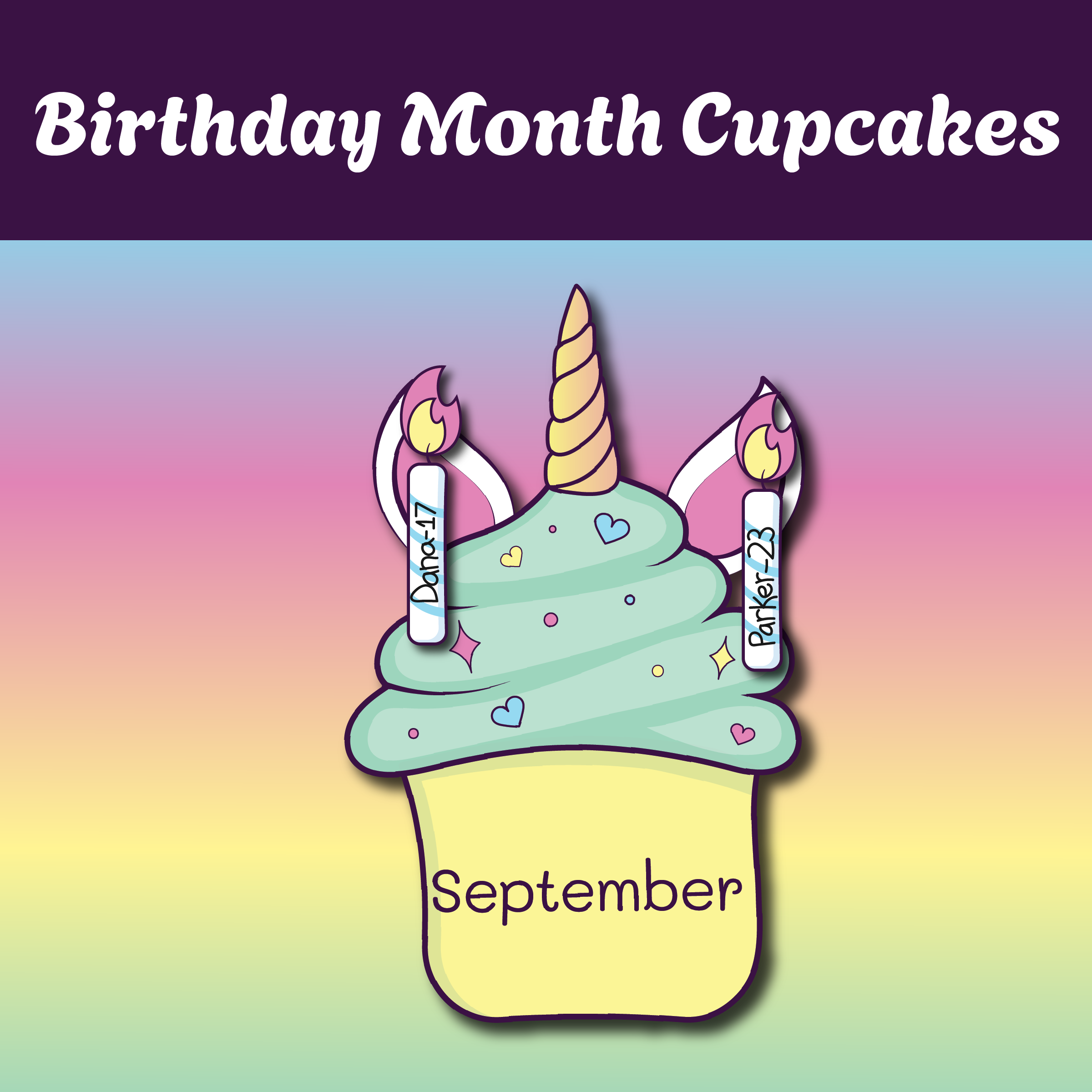 Unicorn Classroom Birthday Cupcakes Monthly Birthday Set for Kids