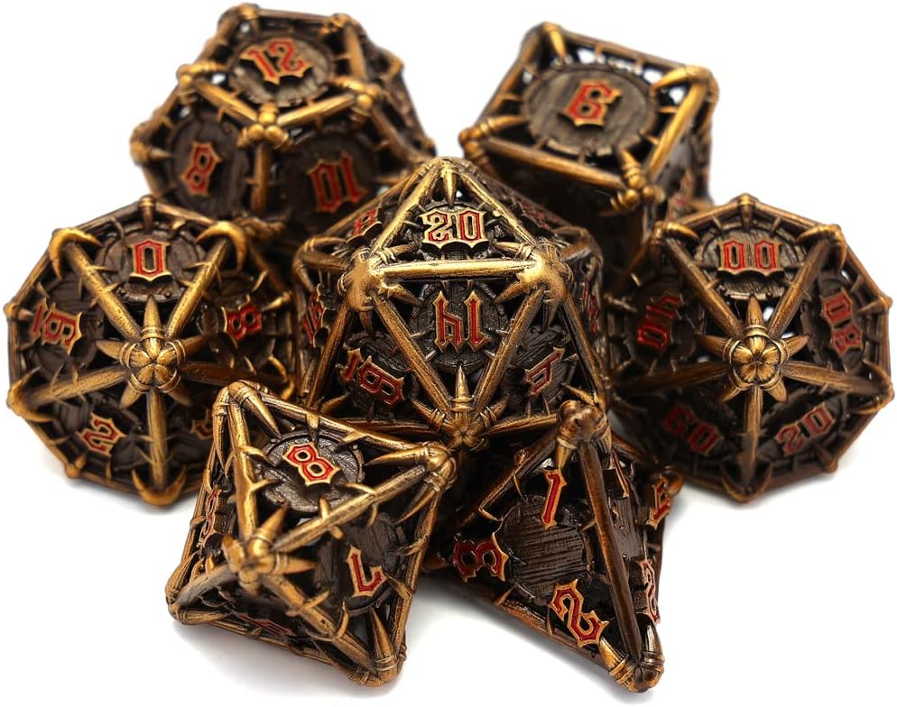 CHENGSHUO Orc Metal DND Dice Set – Ancient Gold Hollow Polyhedral Dice with Red Runes