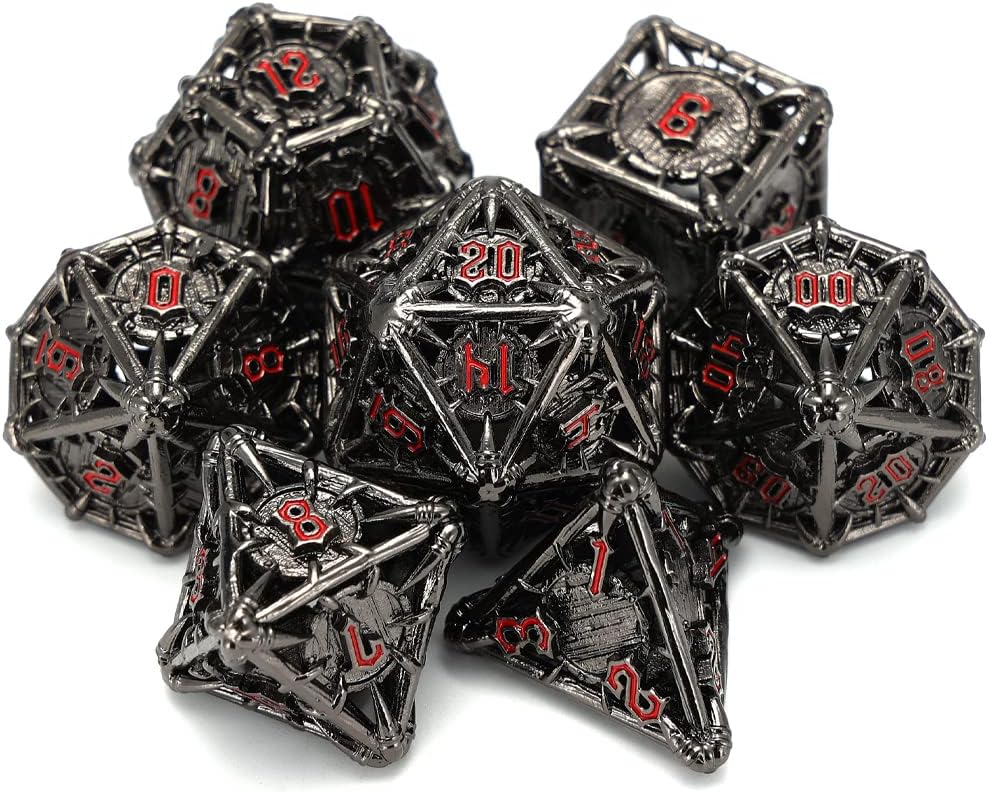 CHENGSHUO Orc Metal DND Dice Set – Black Hollow Polyhedral Dice with Yellow Runes