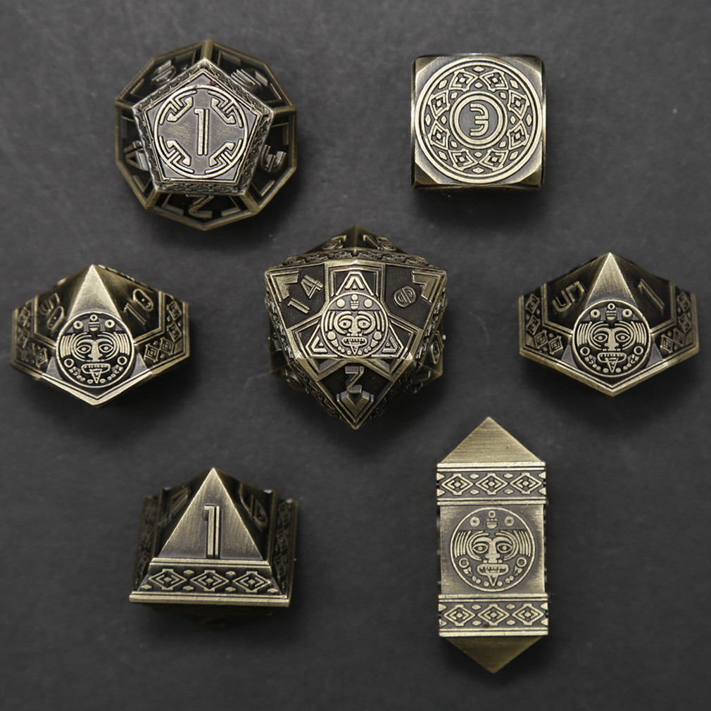 CHENGSHUO Mayan Dice Set – Metal DND Dice Adorned with Aztec & Mayan Totems