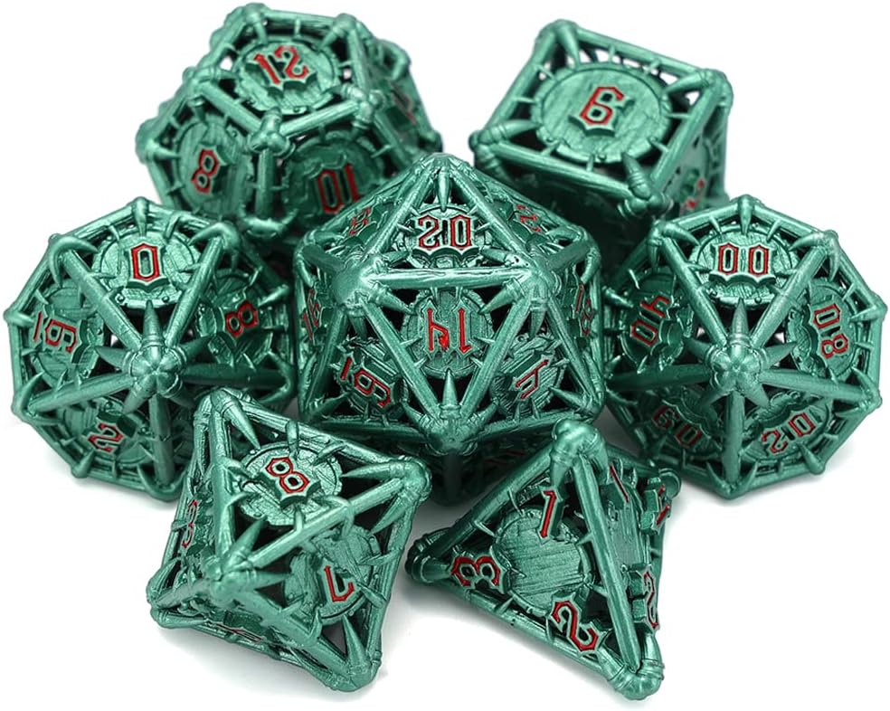 CHENGSHUO Orc Dice Set – Hollow Green Metal Dice with Blood-Red Runes