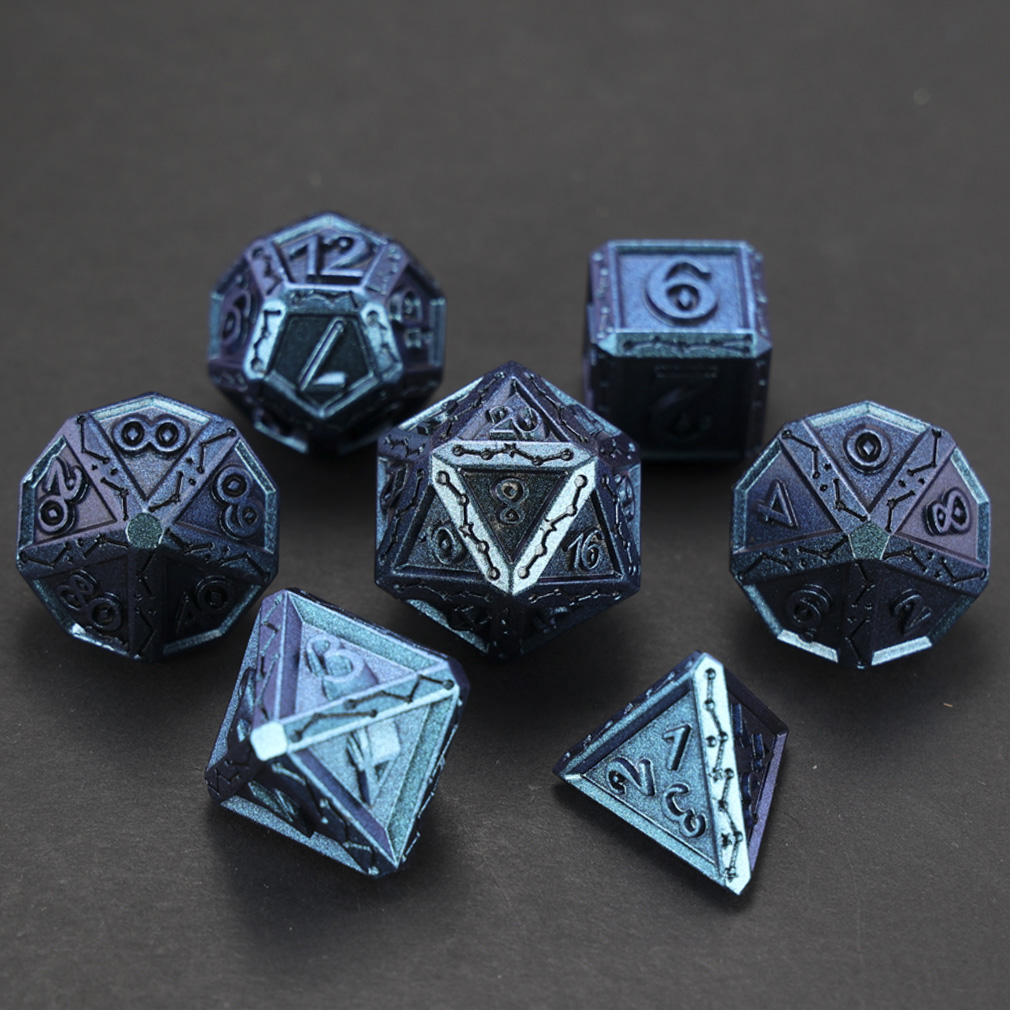 CHENGSHUO Stellar Bones Dice Set – Solid Metal DND Dice Etched with Constellation Pathways