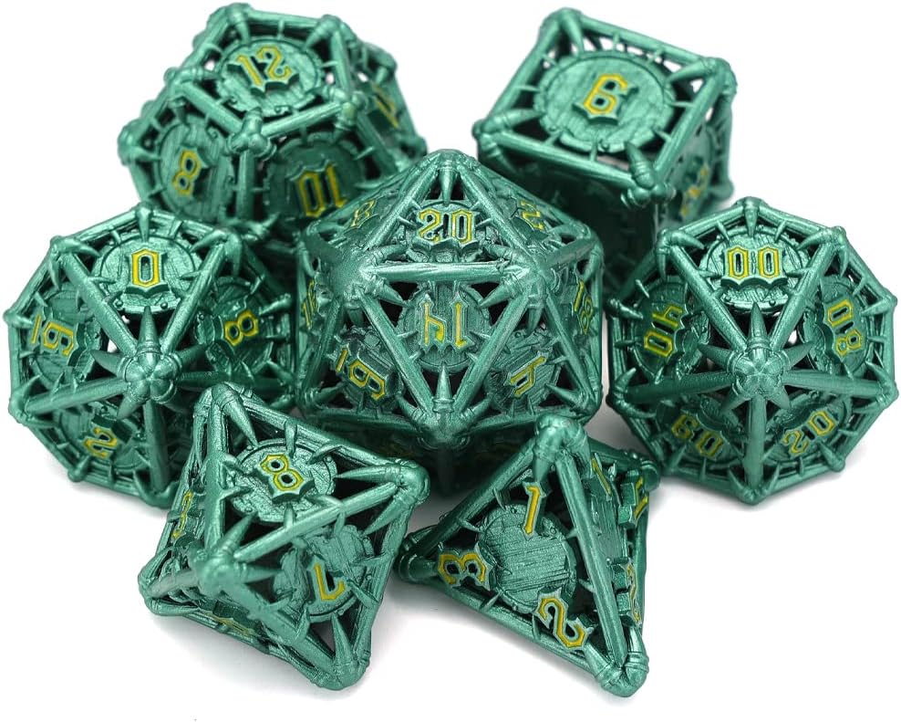 CHENGSHUO Orc Metal DND Dice Set – Green Hollow Polyhedral Dice with Yellow Runes