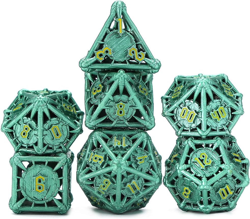 CHENGSHUO Orc Metal DND Dice Set – Green Hollow Polyhedral Dice with Yellow Runes