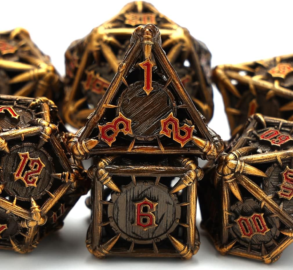 CHENGSHUO Orc Metal DND Dice Set – Ancient Gold Hollow Polyhedral Dice with Red Runes