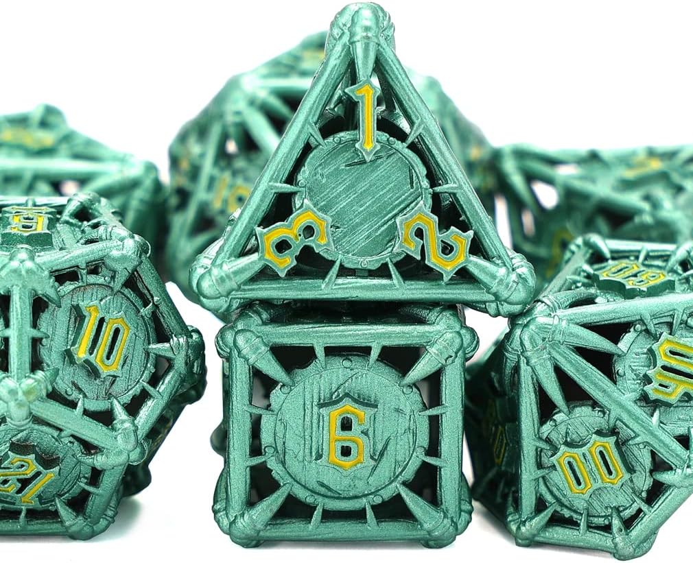 CHENGSHUO Orc Metal DND Dice Set – Green Hollow Polyhedral Dice with Yellow Runes