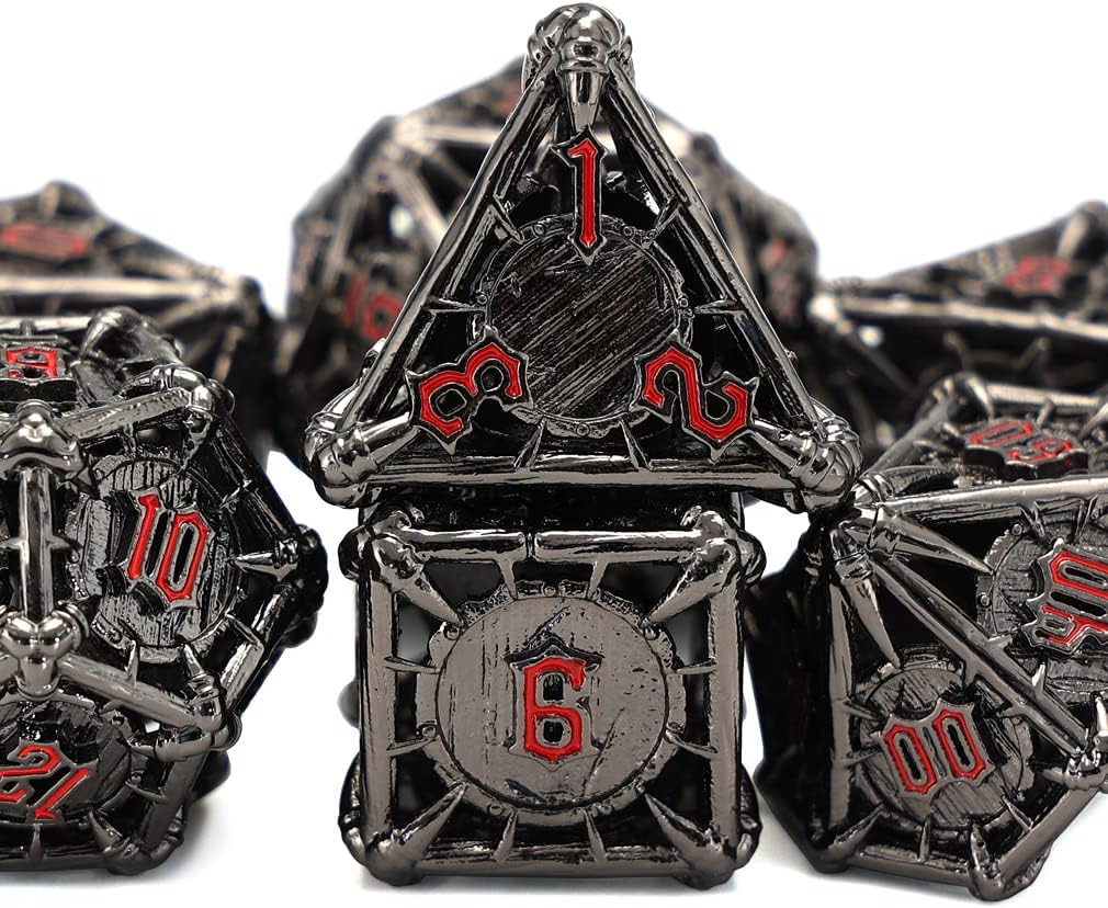 CHENGSHUO Orc Metal DND Dice Set – Black Hollow Polyhedral Dice with Yellow Runes