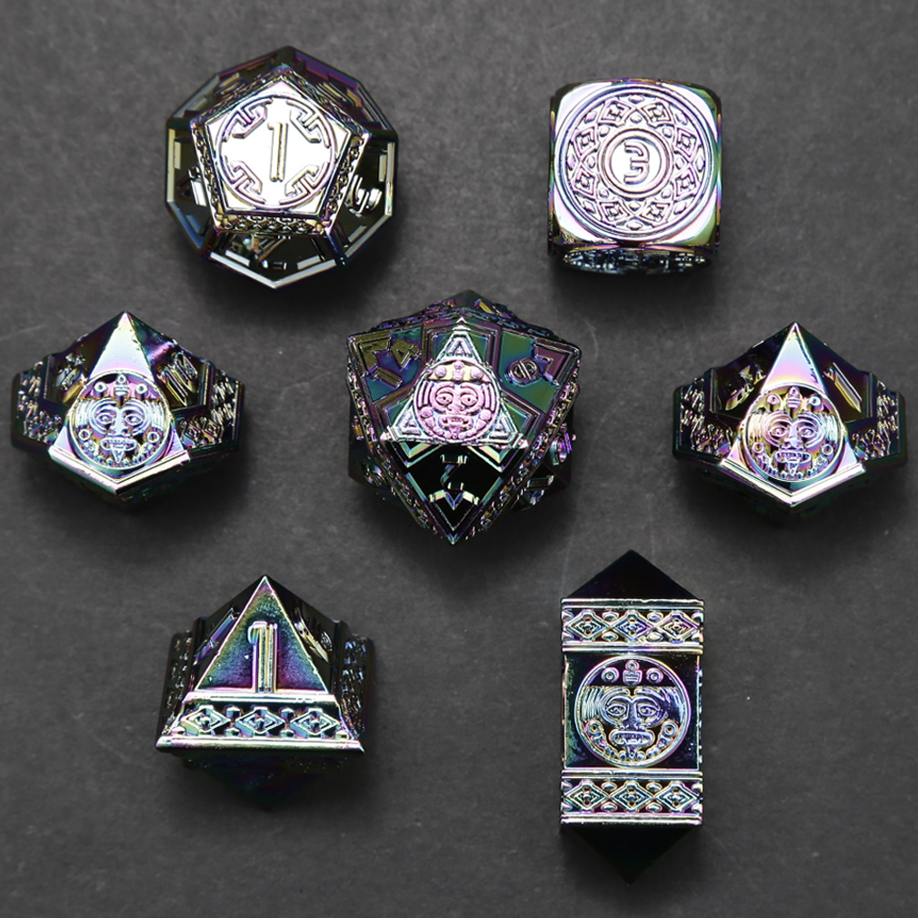CHENGSHUO Mayan Dice Set – Metal DND Dice Adorned with Aztec & Mayan Totems