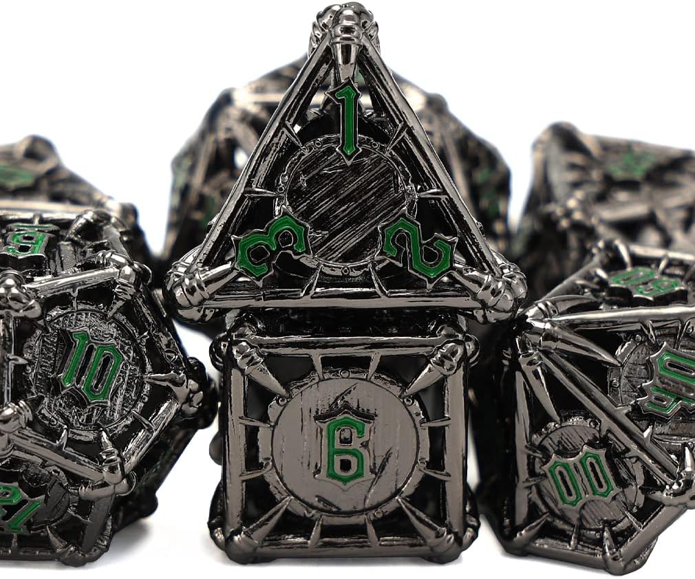 CHENGSHUO Orc Metal DND Dice Set – Black Hollow Polyhedral Dice with Green Runes