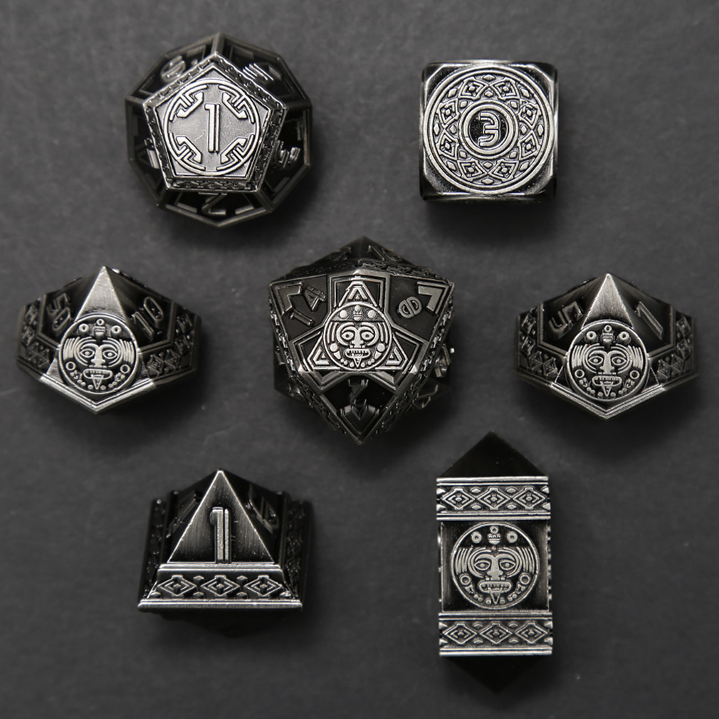 CHENGSHUO Mayan Dice Set – Metal DND Dice Adorned with Aztec & Mayan Totems
