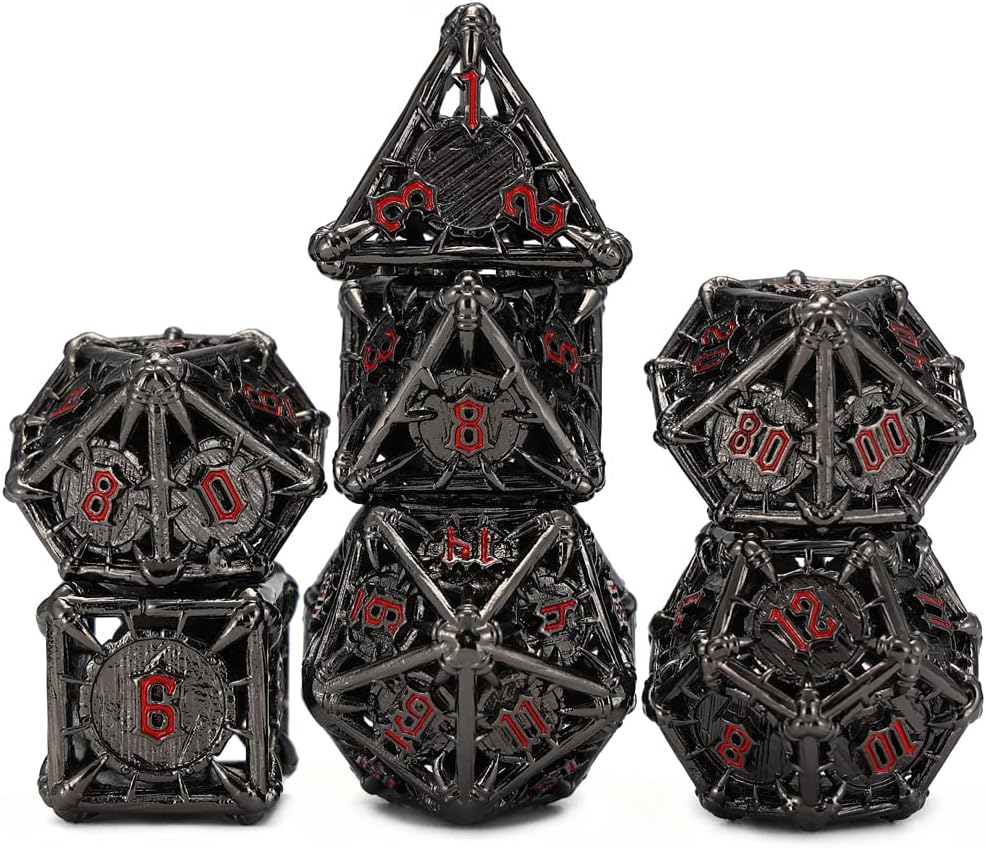 CHENGSHUO Orc Metal DND Dice Set – Black Hollow Polyhedral Dice with Yellow Runes