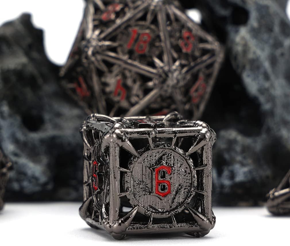 CHENGSHUO Orc Metal DND Dice Set – Black Hollow Polyhedral Dice with Yellow Runes