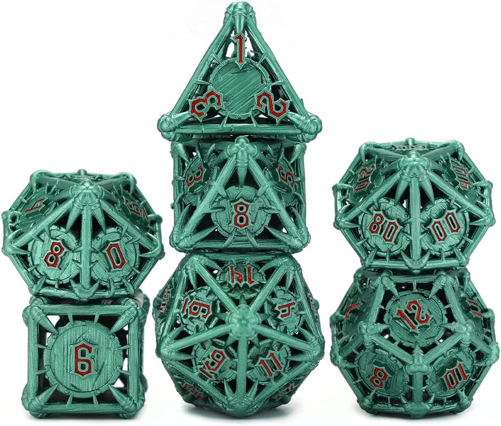 CHENGSHUO Orc Dice Set – Hollow Green Metal Dice with Blood-Red Runes