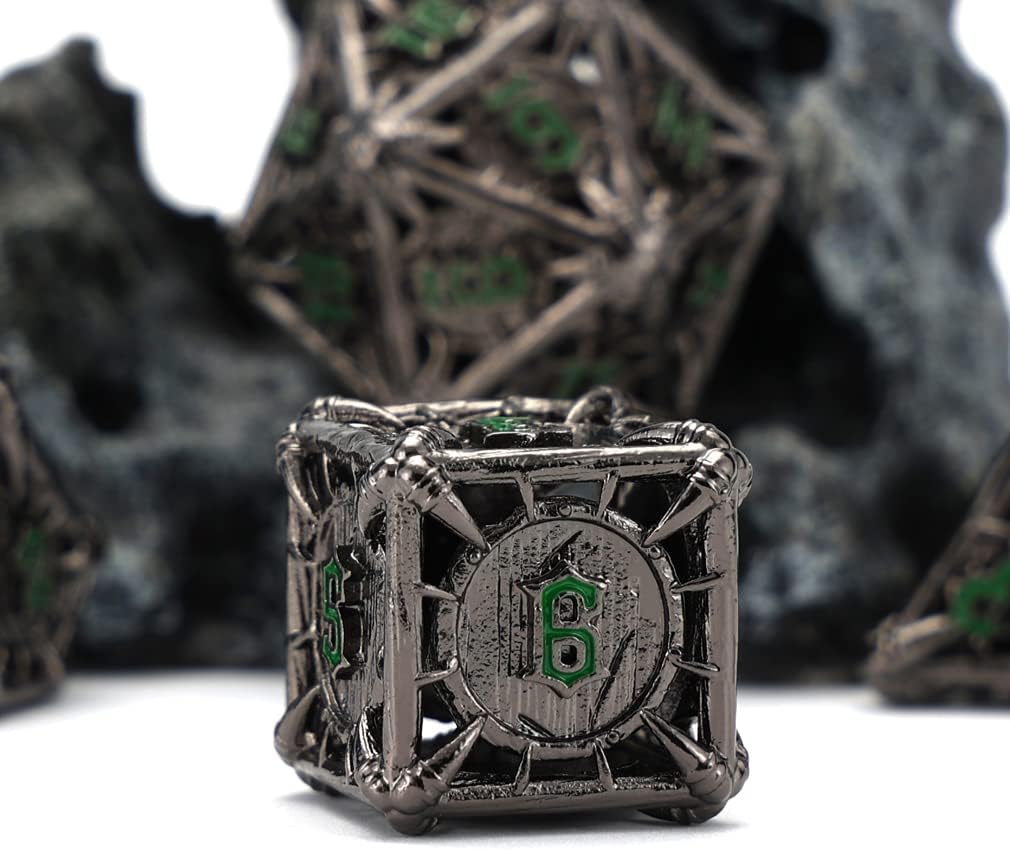 CHENGSHUO Orc Metal DND Dice Set – Black Hollow Polyhedral Dice with Green Runes