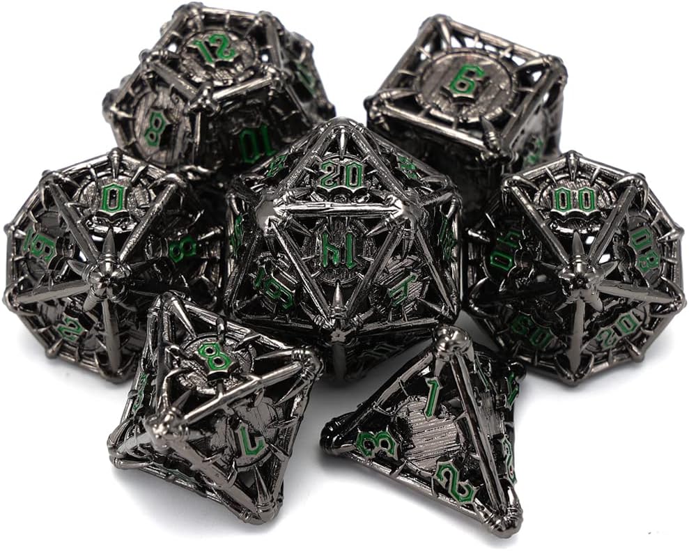 CHENGSHUO Orc Metal DND Dice Set – Black Hollow Polyhedral Dice with Green Runes