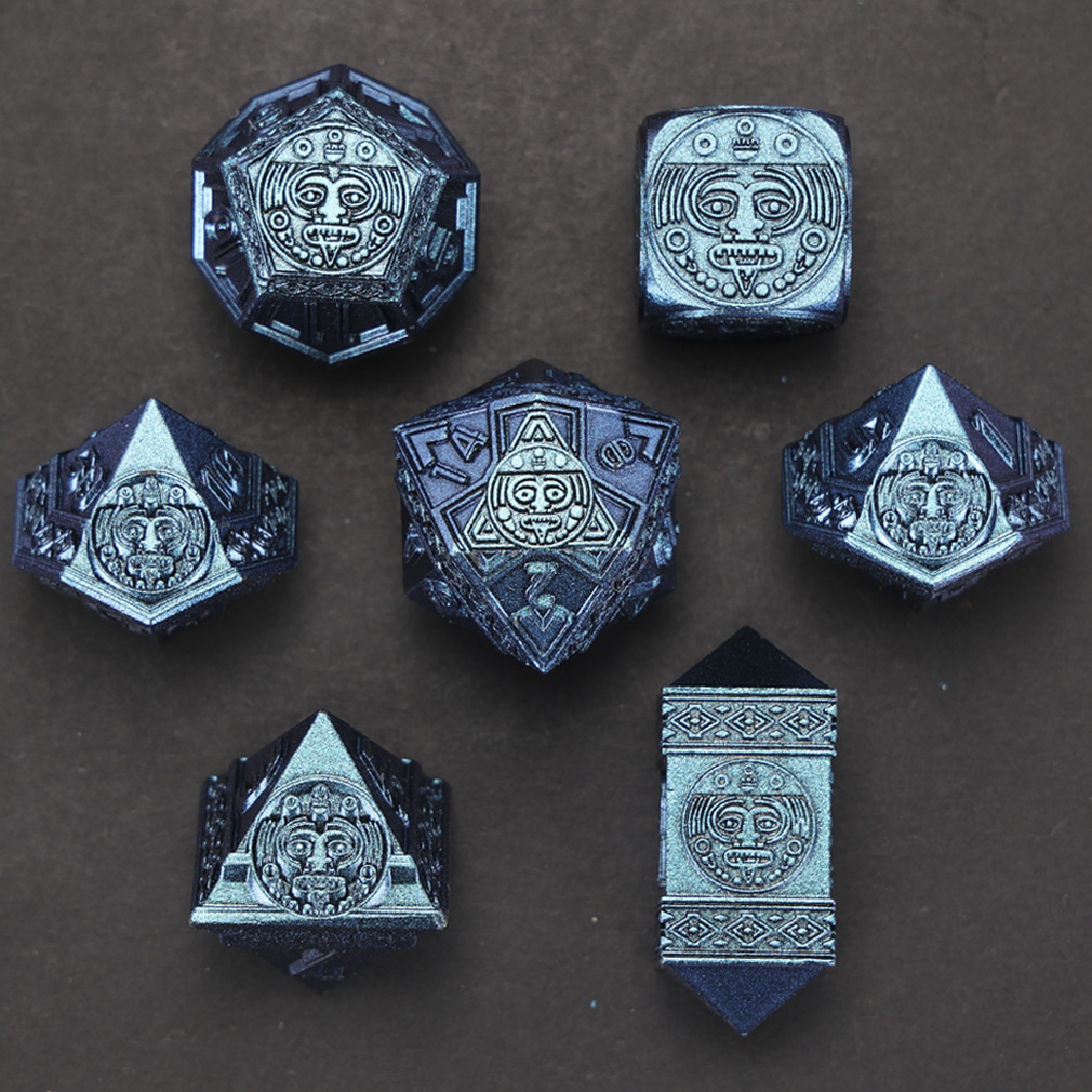 CHENGSHUO Mayan Dice Set – Metal DND Dice Adorned with Aztec & Mayan Totems
