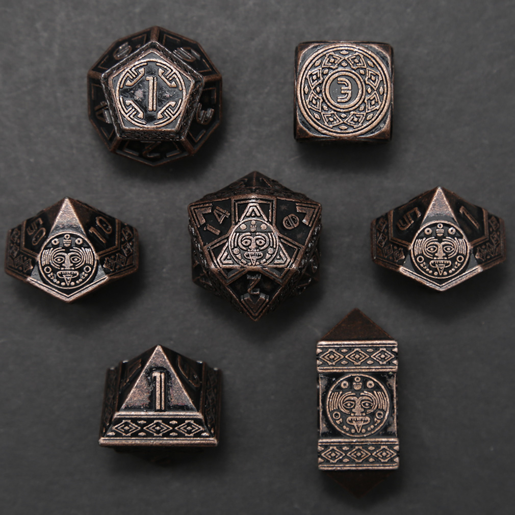 CHENGSHUO Mayan Dice Set – Metal DND Dice Adorned with Aztec & Mayan Totems