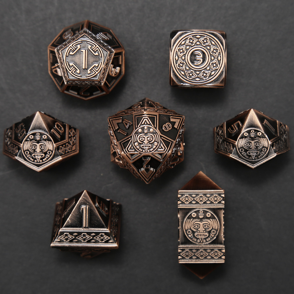 CHENGSHUO Mayan Dice Set – Metal DND Dice Adorned with Aztec & Mayan Totems