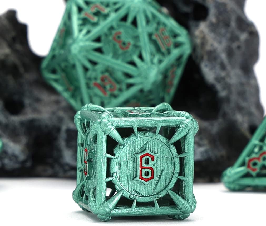 CHENGSHUO Orc Dice Set – Hollow Green Metal Dice with Blood-Red Runes