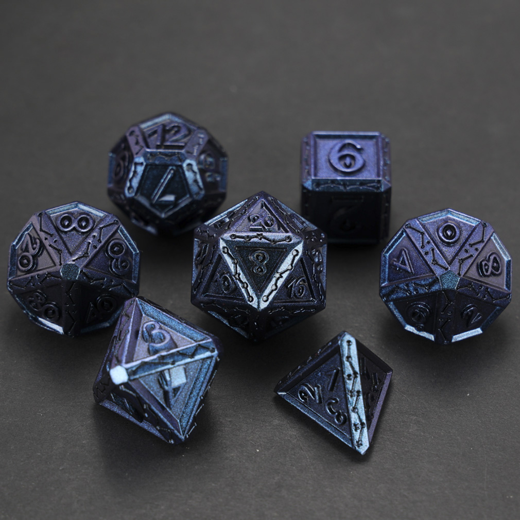CHENGSHUO Stellar Bones Dice Set – Solid Metal DND Dice Etched with Constellation Pathways