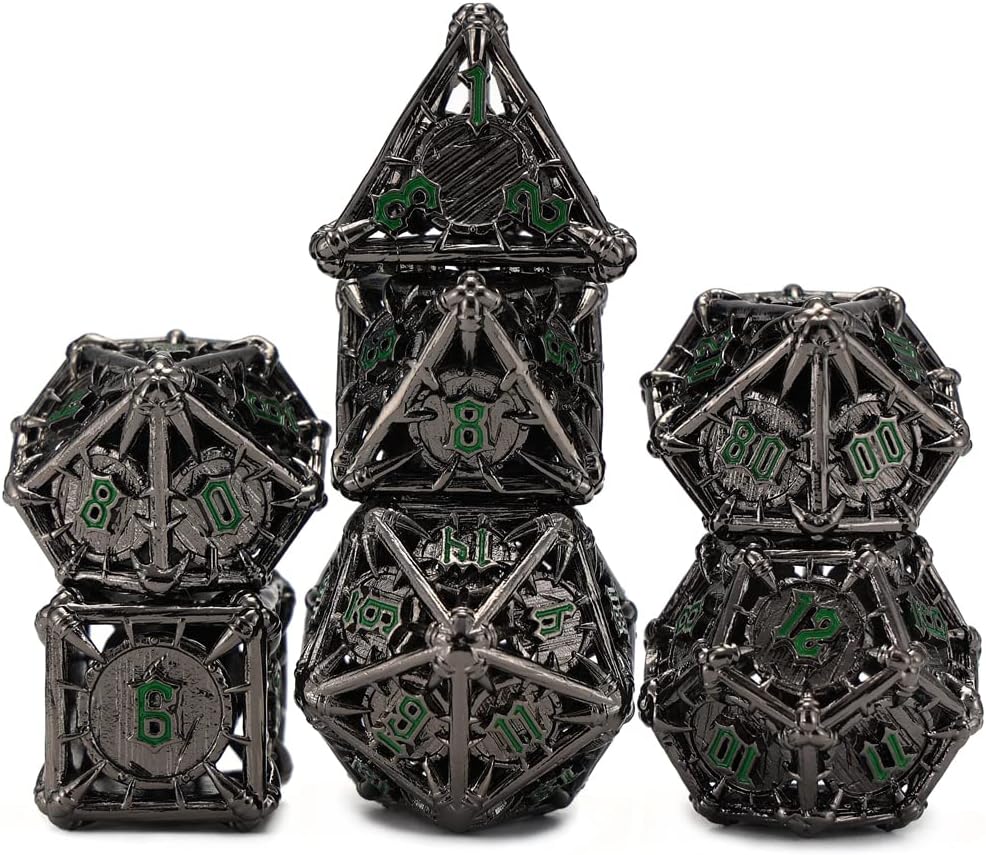 CHENGSHUO Orc Metal DND Dice Set – Black Hollow Polyhedral Dice with Green Runes