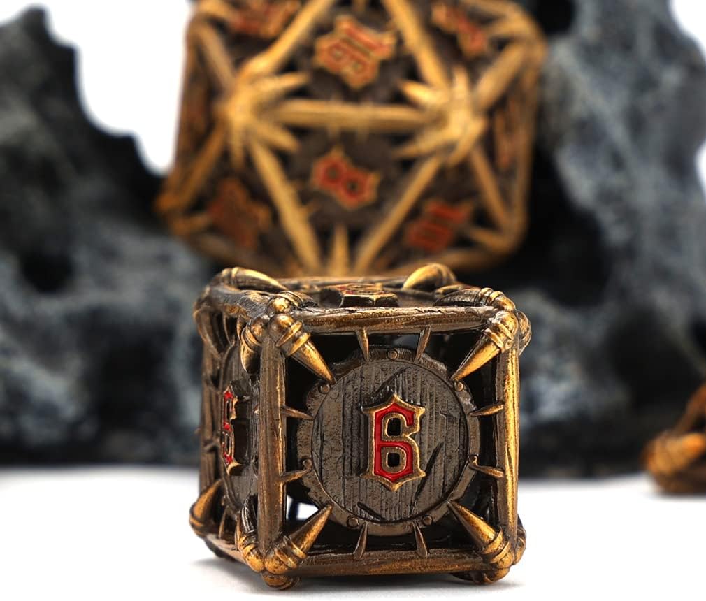 CHENGSHUO Orc Metal DND Dice Set – Ancient Gold Hollow Polyhedral Dice with Red Runes
