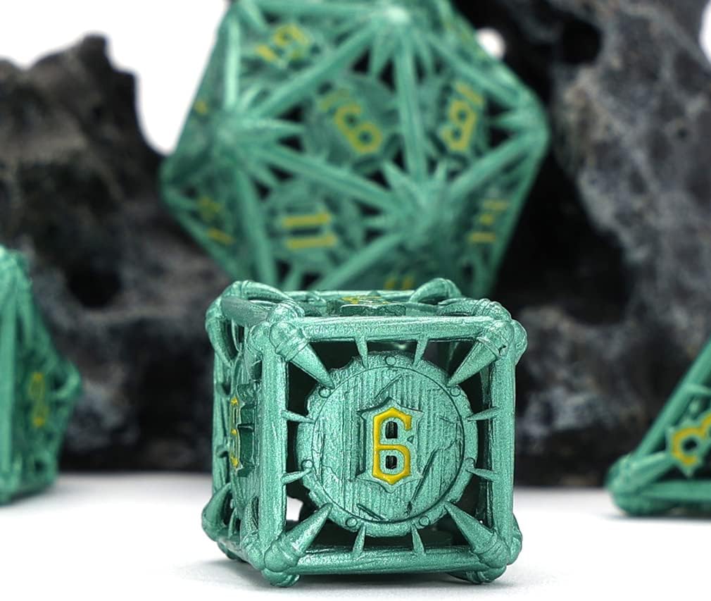 CHENGSHUO Orc Metal DND Dice Set – Green Hollow Polyhedral Dice with Yellow Runes