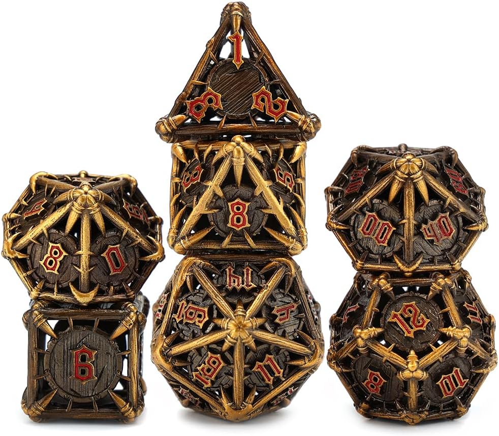 CHENGSHUO Orc Metal DND Dice Set – Ancient Gold Hollow Polyhedral Dice with Red Runes