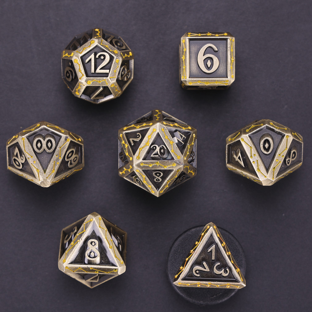 CHENGSHUO Stellar Bones Dice Set – Solid Metal DND Dice Etched with Constellation Pathways