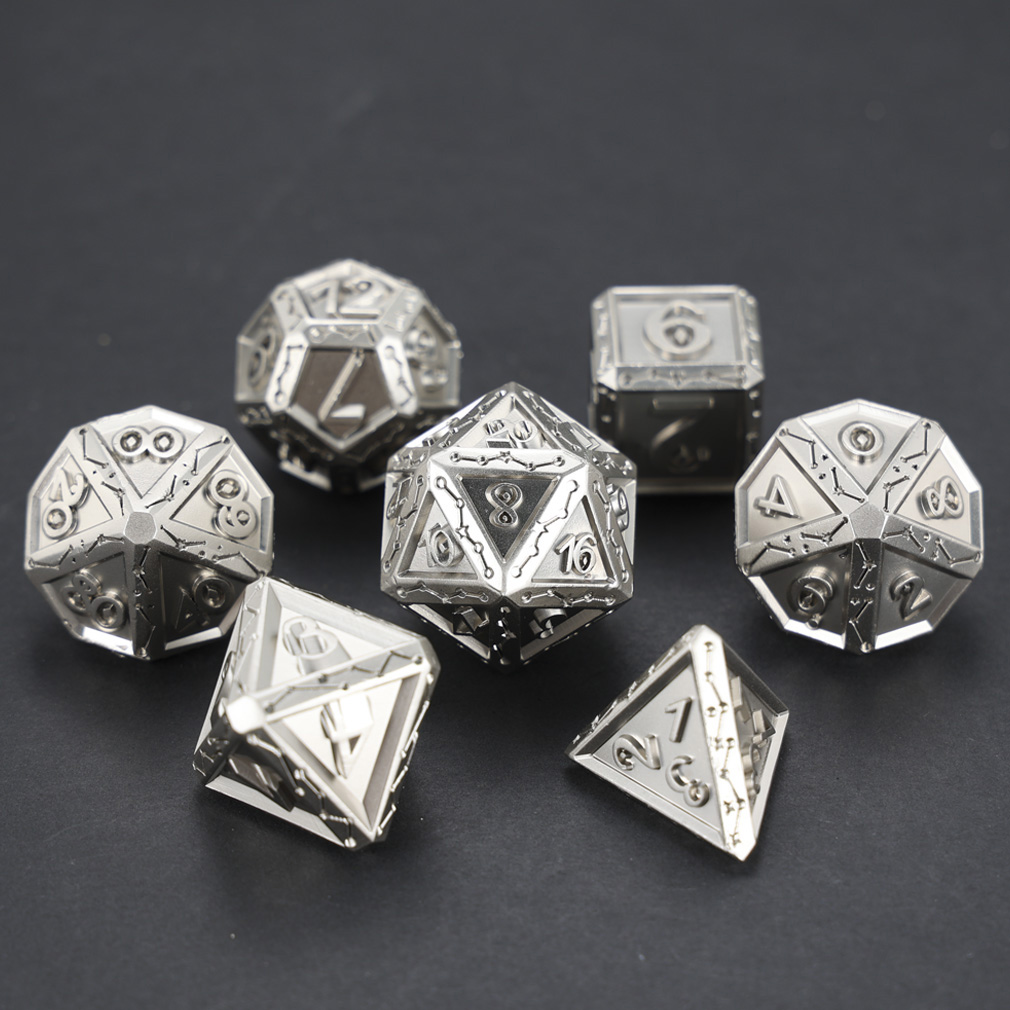 CHENGSHUO Stellar Bones Dice Set – Solid Metal DND Dice Etched with Constellation Pathways