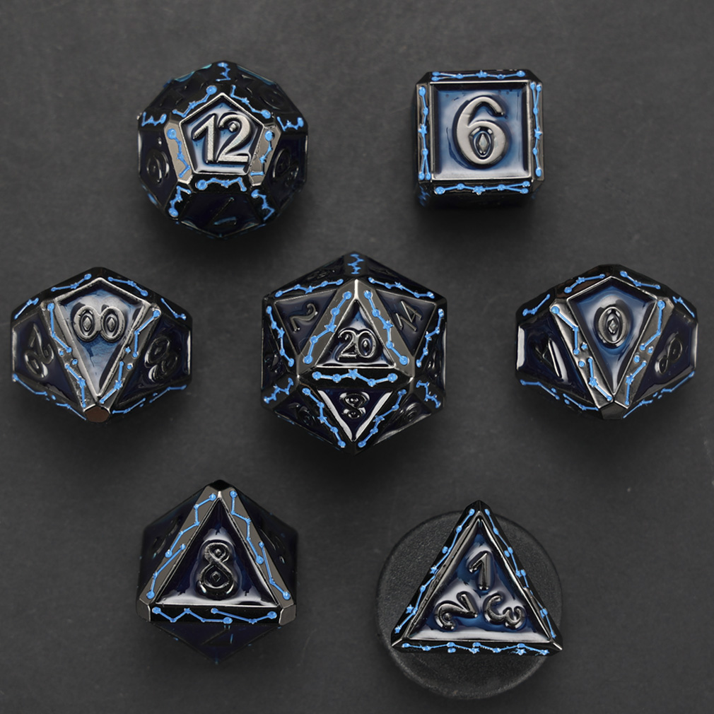 CHENGSHUO Stellar Bones Dice Set – Solid Metal DND Dice Etched with Constellation Pathways