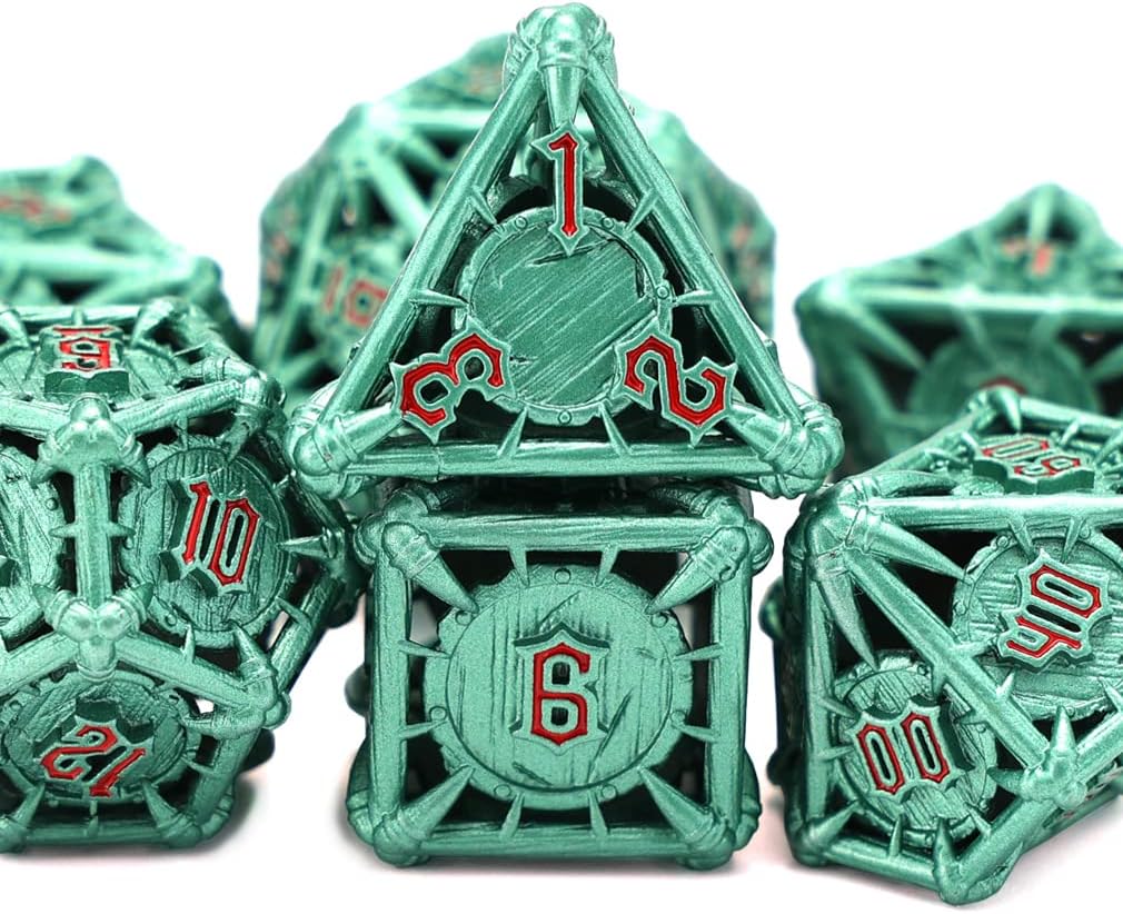 CHENGSHUO Orc Dice Set – Hollow Green Metal Dice with Blood-Red Runes