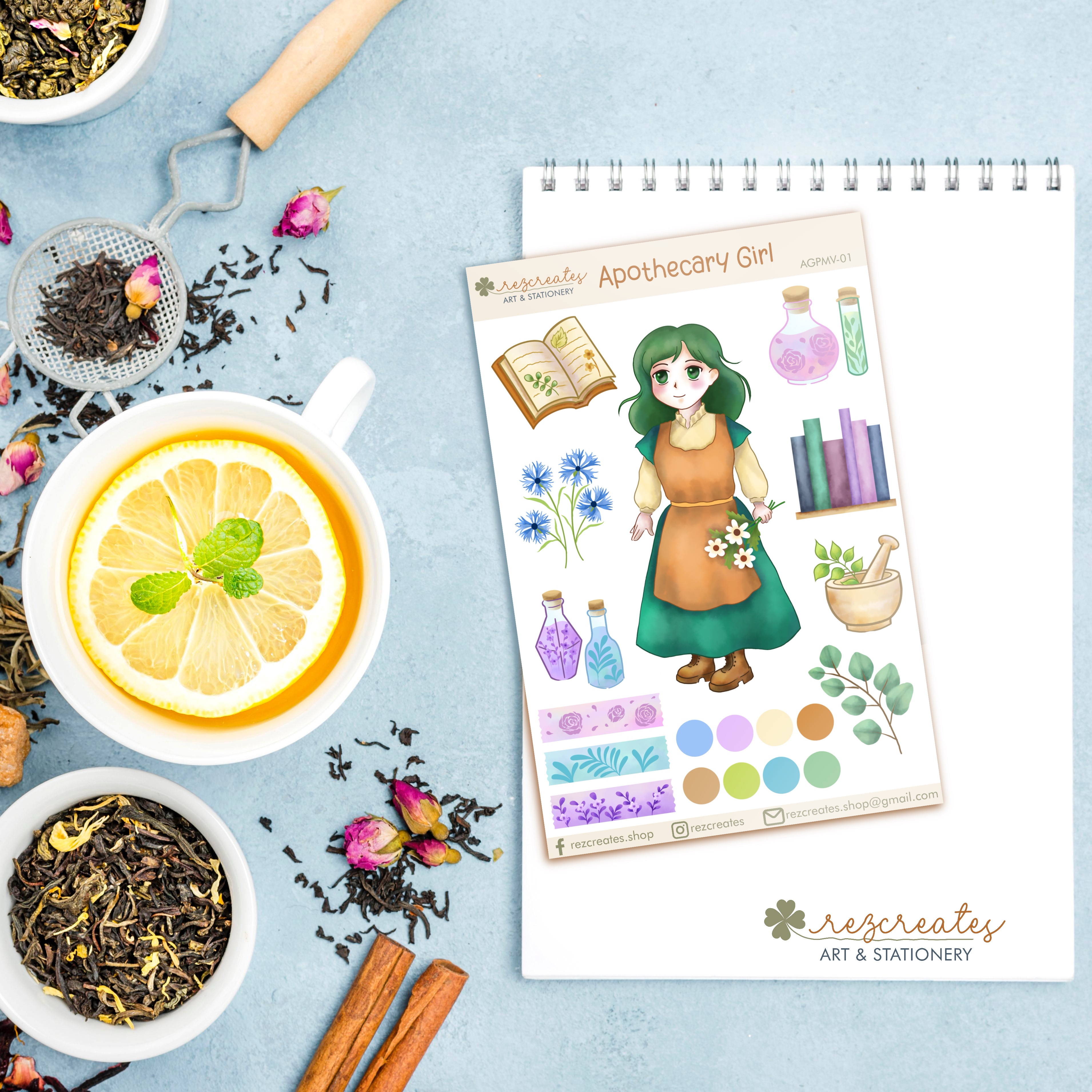 Apothecary Girl Sticker Sheet | Waterproof Deco Stickers